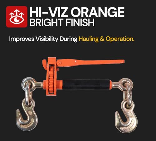Image of Mytee Products 2 Pack 3 /8 inch - 1 /2 inch Hi-Viz Orange Quick Folding Handle Ratchet Load Binder with Grab Hook 12,000 lbs WLL | Tie Down Hauling Chain Binders for Flatbed Truck Trailer