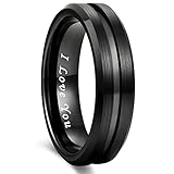 Greenpod 6mm Black Tungsten Wedding Band Ring for Men Grooved Center Brush Finish Engraved I Love You Comfort Fit Size 10.5
