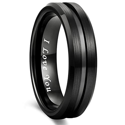 Greenpod 6mm Black Tungsten Wedding Band Ring for Men Grooved Center Brush Finish Engraved I Love You Comfort Fit Size 10.5