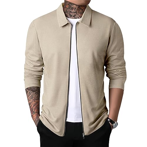 Mens Casual Cardigan Sweaters Laydown Collar Zipper Solid Color Long Sleeve Waffle Cardigan Sweater Jacket2