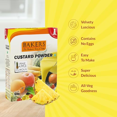 Image of BAKERS Custard Powder | Pineapple Flavor | (100g x 6, 600g) | Contains No Eggs | Long Shelf Life | Makes Smooth, Creamy, Testy & Juicy Custard | Quick & Easy to Make |Best For Fruit Salads & Puddings