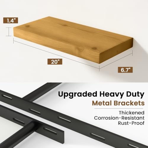 Image of Solid Wood Floating Shelves for Wall 20 inch,Natural Wooden Shelf Set of 2 | Rustic Wood Wall Floating Shelf with Invisible Brackets,Floating Wooden Shelves for Living Room,Bathroom,Bedroom,Kitchen