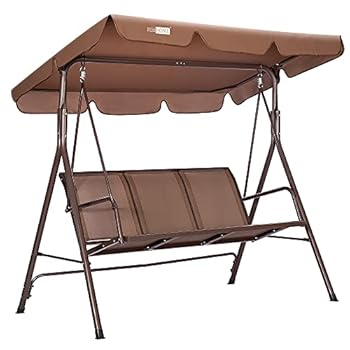 Alternative view of VIVOHOME 3-Seater Outdoor Adjustable Canopy Swing Chair with Armrests, Patio Glider Bench for Garden, Poolside, Balcony & Backyard, Textilene Fabric, Steel Frame - Brown