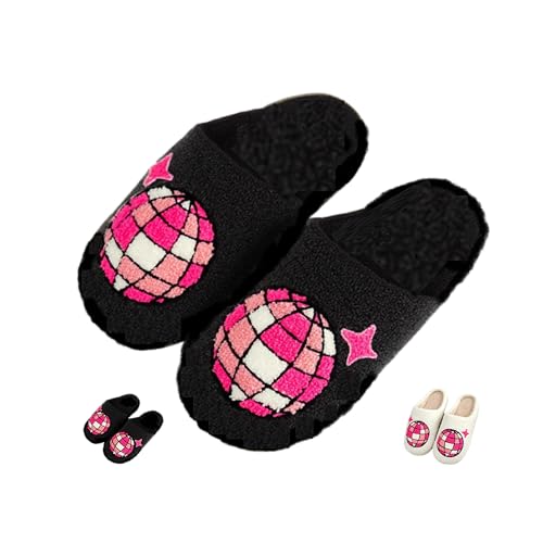 Women's Plush Home Slippers - Disco Ball Embroidery, Furry Cozy Upper, Anti - Slip Sole for Indoor Lounge