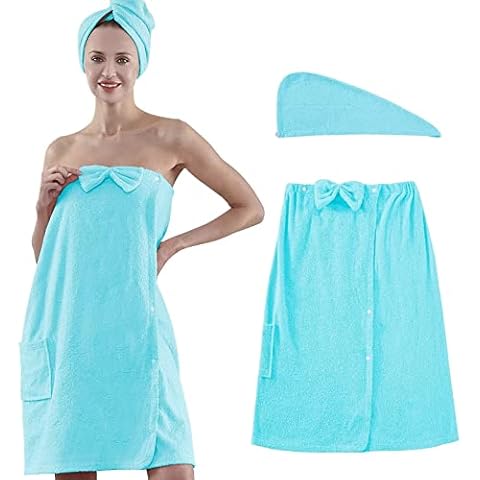 RUJIPO Bath Towel Wrap for Women Spa Wrap Robe & Hair Towel, 100% Cotton Terrycloth Shower Towels, Adjustable Bathrobes S-XXL（Blue） Cover
