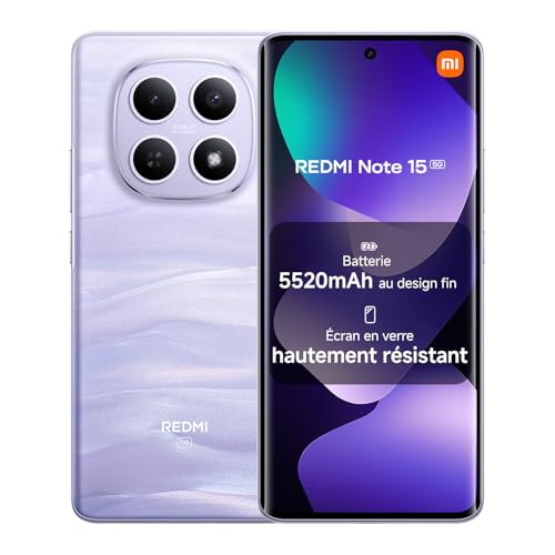 XIAOMI REDMI Note 15 5G, Smartphone 6+128Go, Design Ultra Fin, Résistance à l'eau IP65, Appareil Photo Ultra-Net 108 Mpx, Écran FHD+ 6,77", Violet, Garantie 2 Ans, Chargeur Non Inclus