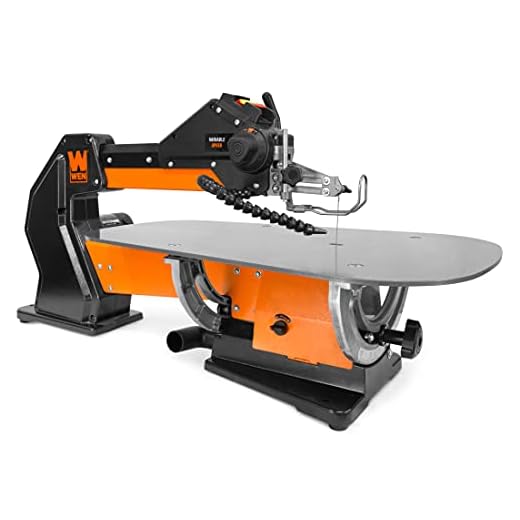 WEN LL2156 21-Inch 1.6-Amp Variable Speed Parallel Arm Scroll Saw with Extra-Large Dual-Bevel Steel Table, Black Orange