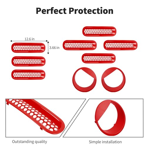 Image of JWWY Front Grille Insert Radiator Grille Grillwork Surround Assembly Inserts Headlight Headlamp Cover Trim Set Fit for 2007-2017 Jeep Wrangler JK JKU Exterior Accessories 9pcs Red