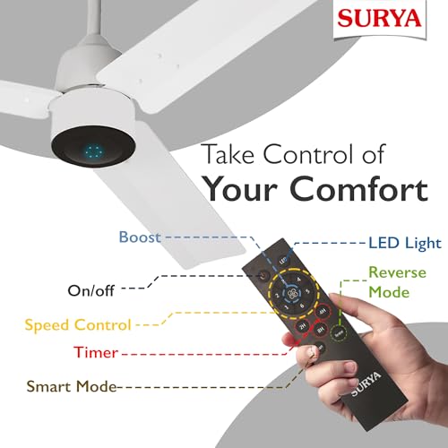 Image of Surya Roshni 1200mm Smart BLDC Ceiling Fan with Remote Control, 5-Star Energy Efficient Motor, LED Indicator, High Air Delivery & Low Noise Operation for Home and Office