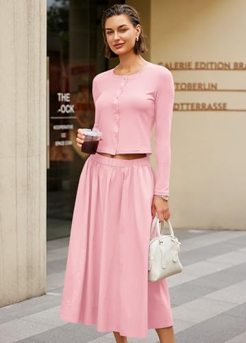 Image of Panadila Womens 2 Piece Lounge Sets Matching Vacation Outfits Ribbed Button Down Cardigan and Elastic Waist Skirt Sets (Baby Pink,M)