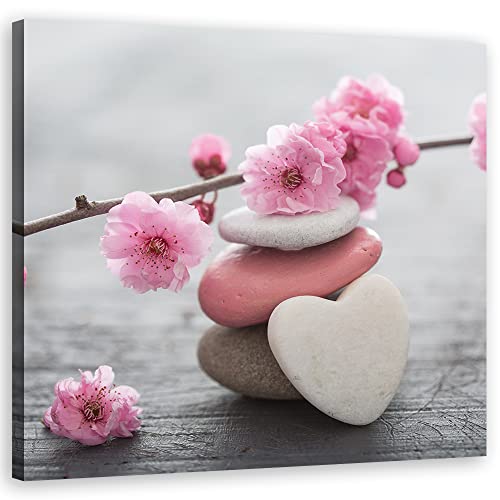 Feeby Impression sur Toile Intissé Pierres Fleurs Zen Cailloux 40x40 cm Image Moderne Tableau Déco Mural Salle De Séjour Spa Coeur Amour rose