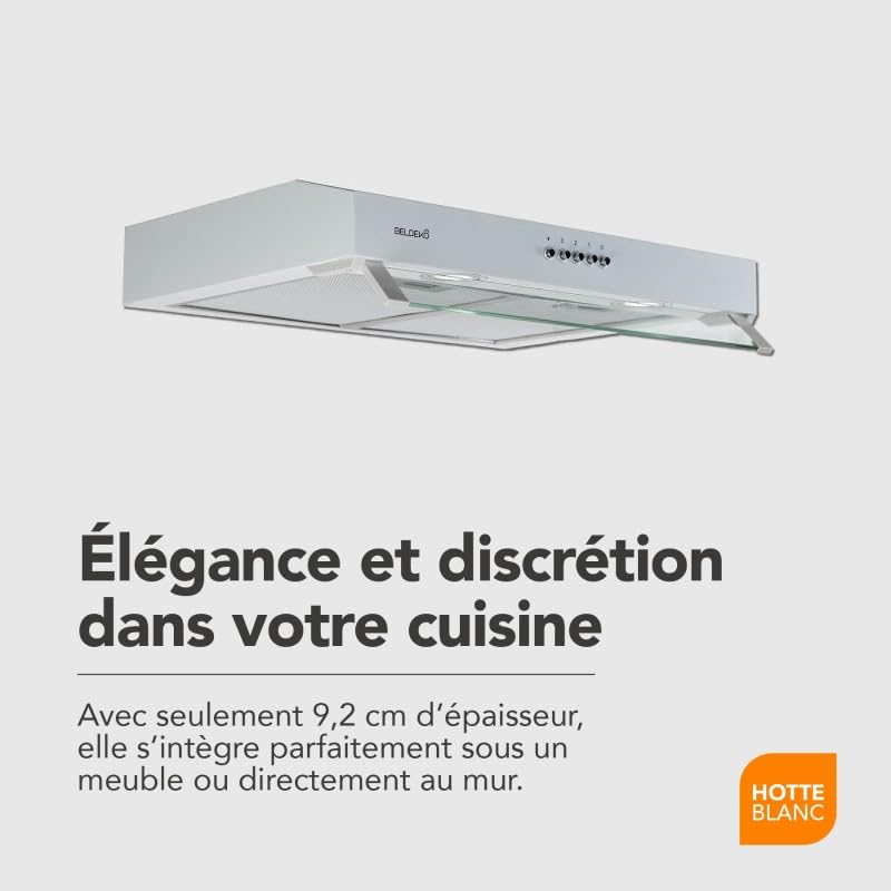 BELDEKO Hotte Casquette 60 cm Blanc 210 m3/h 100W - Marque Française