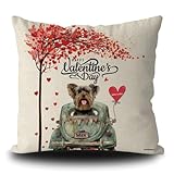 GABSHAIM Custom Happy Valentine Yorkshire Terrier Yorkie Throw Pillow Cover Love Hearts Tree Dog Truck Linen Pillowcase Sofa Couch Home Decor Print Both Sides 18x18 Inch