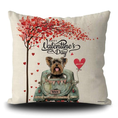GABSHAIM Custom Happy Valentine Yorkshire Terrier Yorkie Throw Pillow Cover Love Hearts Tree Dog Truck Linen Pillowcase Sofa Couch Home Decor Print Both Sides 18x18 Inch