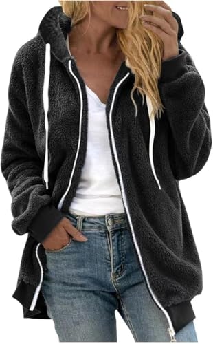 Sherpa Fleece Jacket Women Plus Size Winter Warm Zip Up Faux Fur Hoodie Coats Comfy Cardigan Outerwear with Pocket (Black,X-Large)