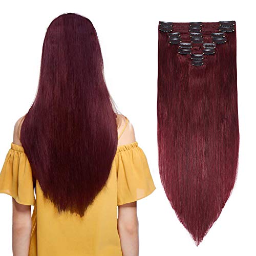 Burgundy Wine Red Clip in 100% Remy Human Hair Extensions Double Weft #99j Grade 7A Quality Full Head Thick Thickened Long Soft Silky Straight 8pcs 18clips for Women Beauty 18