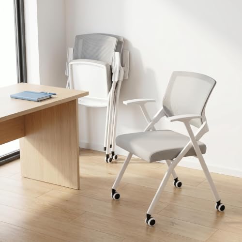 Image of Folding Office Chair with Wheel,Conference Room Chairs with Smooth Armrest-Mesh Back,Rolling Stackable Foldable Desk Chair for Guest Reception Meeting Classroom Training Seminar ,Gray∰with wheel,40