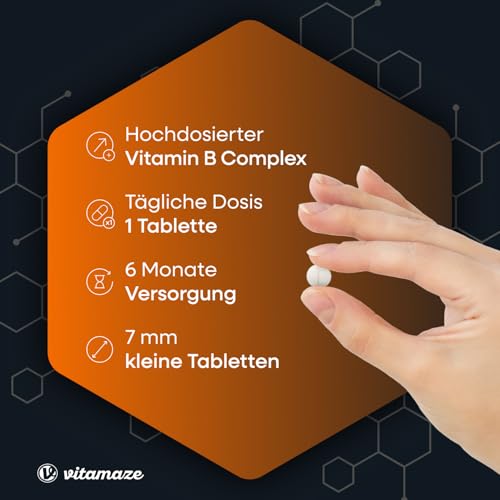 Vitamin B Komplex hochdosiert & vegan, 180 Tabletten für 6 Monate, B1, B2, B3, B5, B6, B7, B9, B12 Vitamine in einer Tablette, Natürliche Nahrungsergänzung ohne Zusatzstoffe, Made in Germany