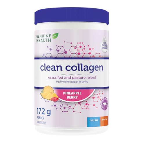 Genuine Health Bovine Clean Collagen Powder, 172g tub, 10g collagen per serving, Natural joint, skin, hair, nail support, Pineapple-berry flavour, Dairy & gluten-free, Grass-fed, Non-GMO, Keto & paleo-friendly