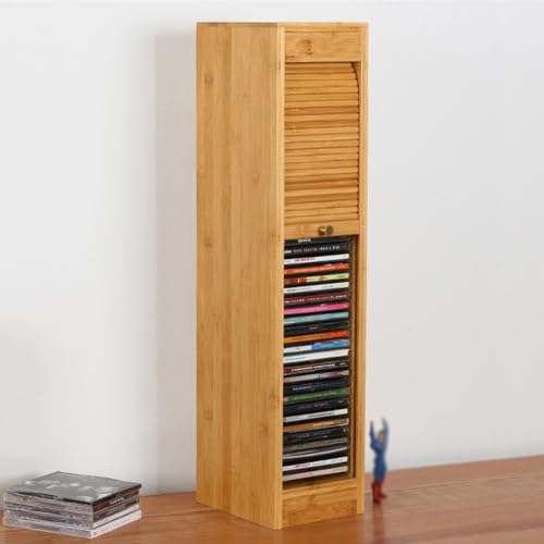 Natural Bamboo CD Storage Rack Desktop CD Holder Organizer Disc Shelf CD Collection Display Rack Large Capacity Holds 40 CD Movie Cases, No Assembly Required, 15.5 x 19 x 68cm