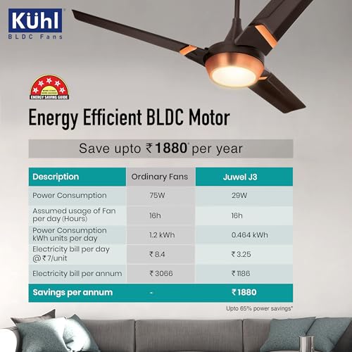 Image of KUHL Juwel J3 1200 Mm 65% Power Saving BLDC Ceiling Fan | BEE 5 Star Rated & ISI Marked | High Air Flow | 5 Year Warranty On Motor | Espresso