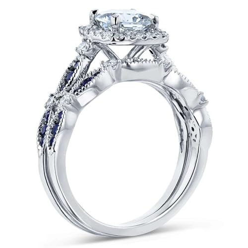 Kobelli Moissanite and Blue Sapphire Halo Bridal Rings Set4