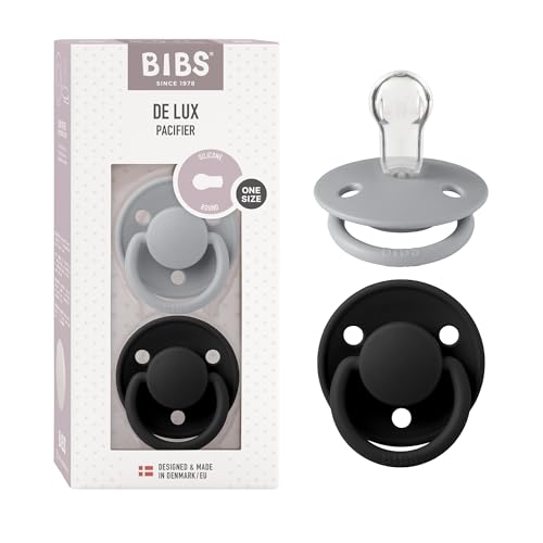 BIBS Pacifiers - De Lux Collection | BPA-Free Round Nipple | Silicone | Made in Denmark | Set of 2 Cloud/Black Color Premium Soothers | Size One Size