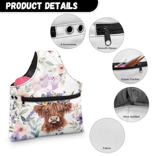 Image of ZUXONGSY Highland Cow Yarn Tote Bags for Crocheting Wildflower Knitting Tote Bag Lightweight Knitting Accessories Crochet Organizers and Storage