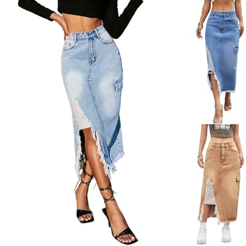 Denim Skirt for Women Trendy Casual Midi Length Frayed Stretch Slim Fit High Waisted Jean Skirts with Side Slit