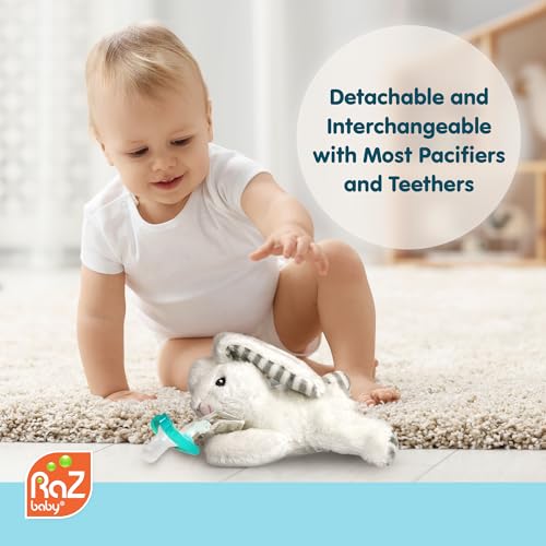 Image of RaZbaby JollyPop Pacifier, Holder with Detachable Baby Pacifier, Stuffed Animal RaZbuddy, All Ages 0M+, 100% Medical Grade USA Made Silicone, Machine Washable, Textured & Easy to Hold - Bunny