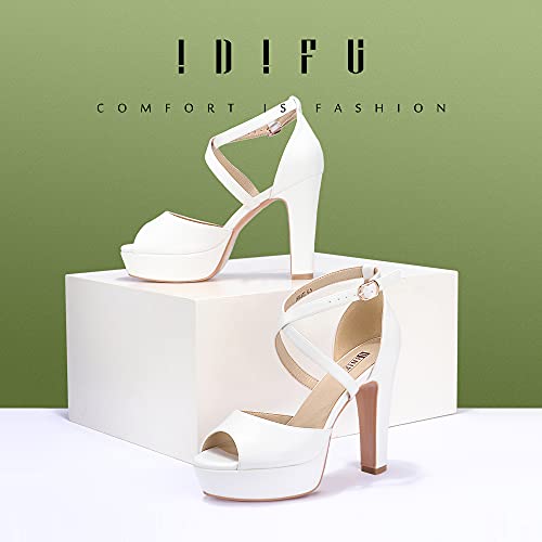Idifu Women's Platform Strappy Chunky High Heels Dress Sandals Peep Toe Wedding Party Evening Shoes For Women Bride (White Pu, 8 M Us) #TOP7