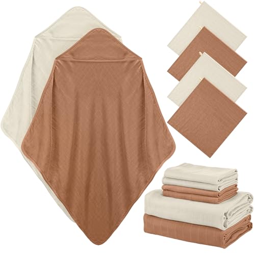 Image of Preboun 6 Pcs Muslin Hooded Baby Towels and Washcloths 32"x 32" Cotton Newborn Bath Towel Anti-Shrink Infant Baby Blankets with Hood 12"x 12" Washcloths for Girl Boy Toddler(Grey,Coffee)