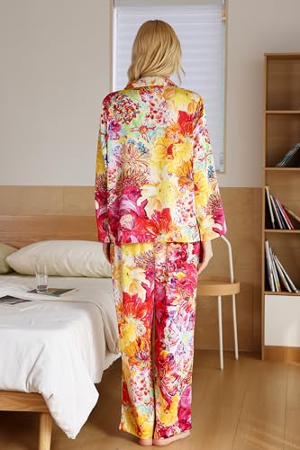 Image of YiNi LuLu Womens Silk Satin Pajamas Set Button Down 2 Piece Pjs Long Sleeve Oversized Sleepwear with Pockets
