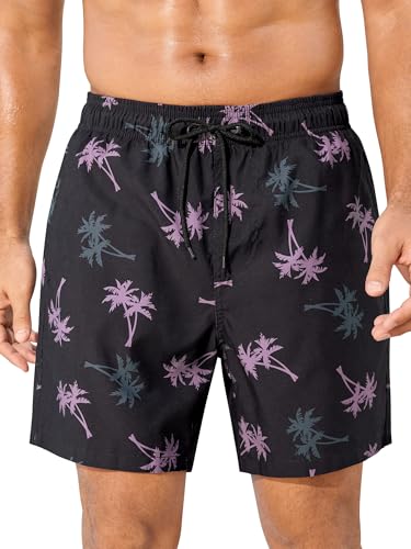 SILKWORLD Mens Swim Trunks with Mesh Liner Quick Dry Bathing Suits 5 Inch Swim Shorts, Black Pink Coconut Tree, X-Large
