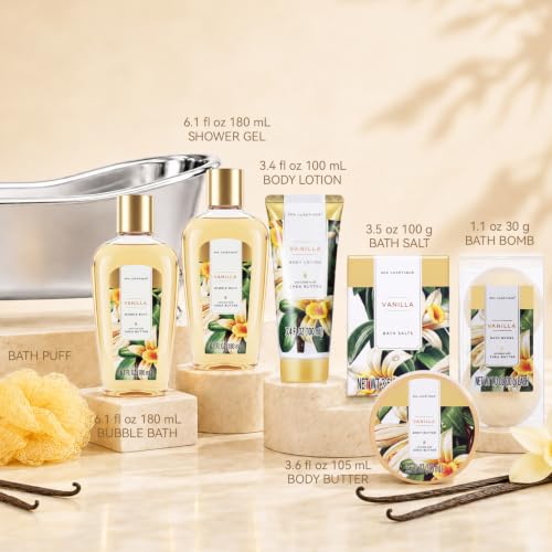 Image of Gift Baskets for Women, Spa Luxetique 8 Pcs Vanilla Birthday Bath and Body Set, Self Care Kit for Her, Including Bubble Bath, Shower Gel, Body Lotion Christmas Gifts for Mom