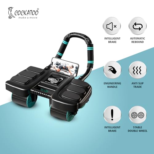 Image of Cockatoo Automatic Rebound 4-Wheel Ab Roller with Elbow Support|Abdominal Muscle Training Equipment for Home & Gym Workouts|Auto Ab Roller with Digital Timer & Mobile Holder, Max weight 300 kg