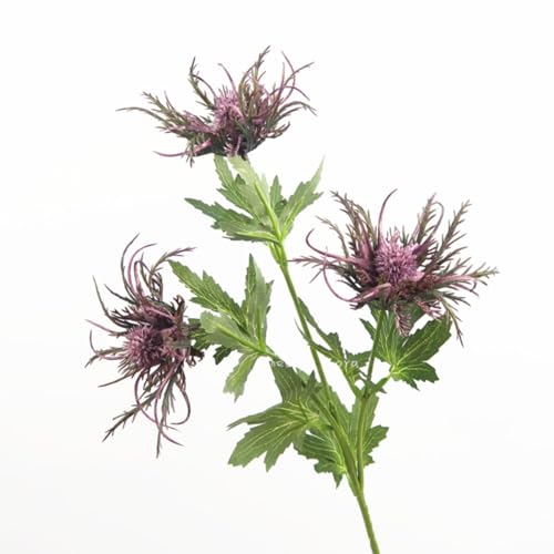 Flores de cardo artificiales moradas eryngium flores largas de cardo artificial, simulación de palmera marina, planta artificial real para ramo de boda, centro de mesa, decoración del hogar (Purple