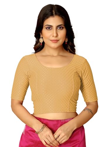 Image of Amazon Brand - Anarva Round Neck Dobby Cotton Lycra Stretchable Elbow Half Sleeve Readymade Saree Blouse for Women Stylish