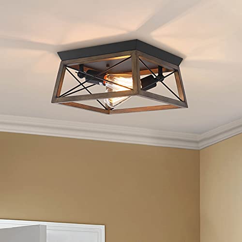 2-Light Farmhouse Flush Mount Ceiling Light, Square Farmhouse Light Fixtures, Rustic Industrial Ceiling Fixture with Wood Shade for Hallway, Entryway, Passway, Dining Room, Living Room