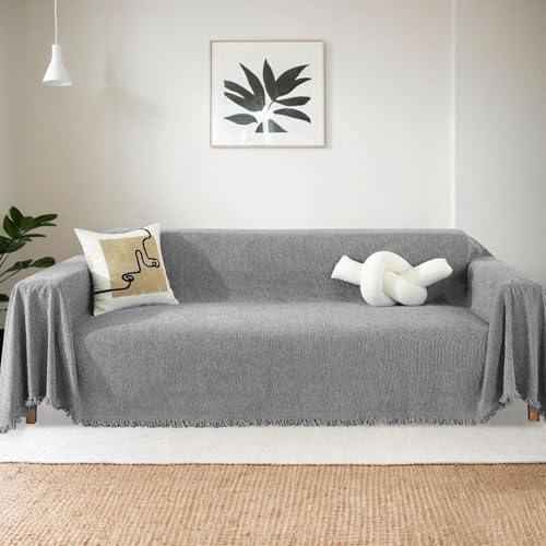 Jeté de canapé en chenille douce gris avec pompons pour lit