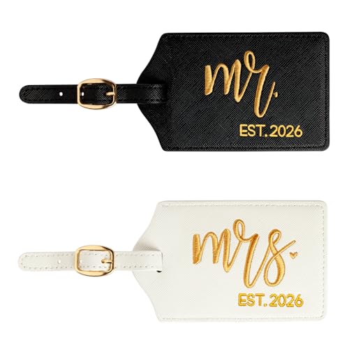 Mr and Mrs Luggage Tags Set of 2 Bride and Groom Travel Tags Wedding Gifts for Couples 2026 Honeymoon Travel Essentials Bridal Shower Engagement Gift (Mr Mrs-Black White Gold-2026)