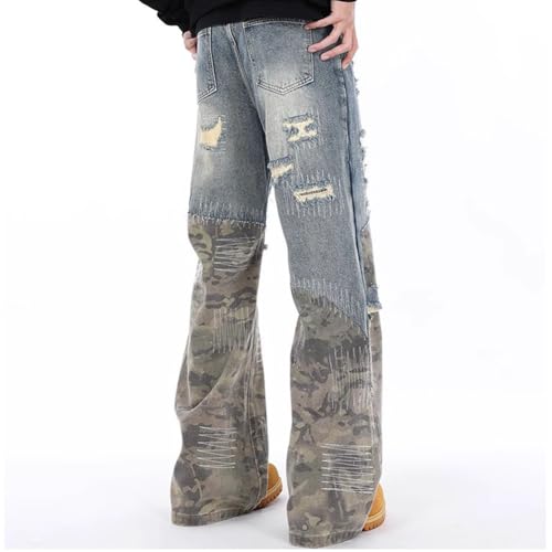 XYGJZ Men's Ripped Slim Fit Straight Leg Jeans Patchwork Camouflage Denim Pants2