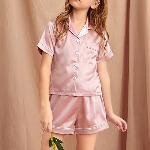 Kids Boys Girls Short Sleeve 𝗦ilk 𝐏a𝐣ama Set Button Down Satin 𝐏ajamas with Shorts Plain Sl𝐞epwear Summer 𝐏𝗝s2