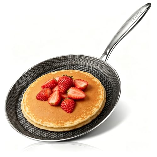 LENND Crepe Pan Stainless Steel Flat Pan Nonstick Dosa Tawa Skillet Stainless Steel Cookware Pancake Pans Tortilla Griddle Pans Frying Pan with Handle Induction Compatible 32CM Cooking Pan