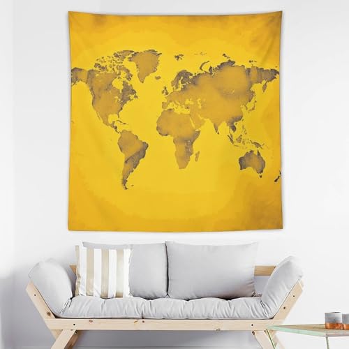 Carte du monde jaune tapisserie murale esthétique pour décoration de chambre