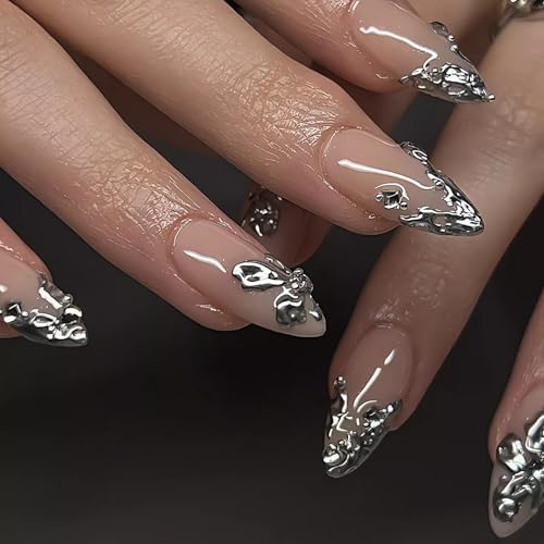 LPOODDNU Chrome Silver Press on Nails 3D Metallic Fake Nails Almond Shaped Acrylic Nails Press ons Nude Base Glue on Nails Medium Stick on Nails Handmade Artificial Nails for Women Manicure, 24Pcs