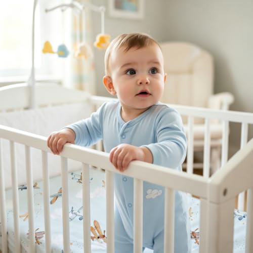 Image of Plushii 4PK Crib Sheets for Boys,Soft Microfiber Mattress Cover,Planes | Fits standard crib & toddler beds (52x28 inch). Soft, breathable cover with plane patterns for boys and girls.