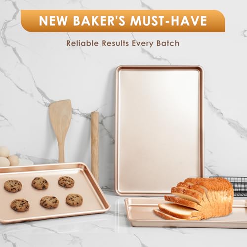 Baking Sheet Pan Set of 3, Commercial Cookie Sheets for Baking, Nonstick Half/Quarter/Jelly Roll Pans Replacement Toaster Oven Tray, Heavy Duty & Easy Clean, Rose Gold by Deedro - Image 7