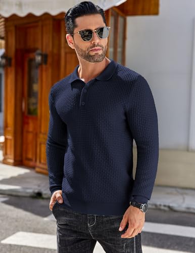 COOFANDY Men's Polo Long Sleeve Jumper for Men UK Knitted Pullover Casual Smart Winter Sweatshirt Golf Tops Navy Blue S - Image 3