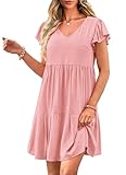 PRETTYGARDEN Women's 2024 Summer Casual Short Dress Cap Sleeve V Neck Tiered Ruffle Swing A Line Dresses (Pink,Large)